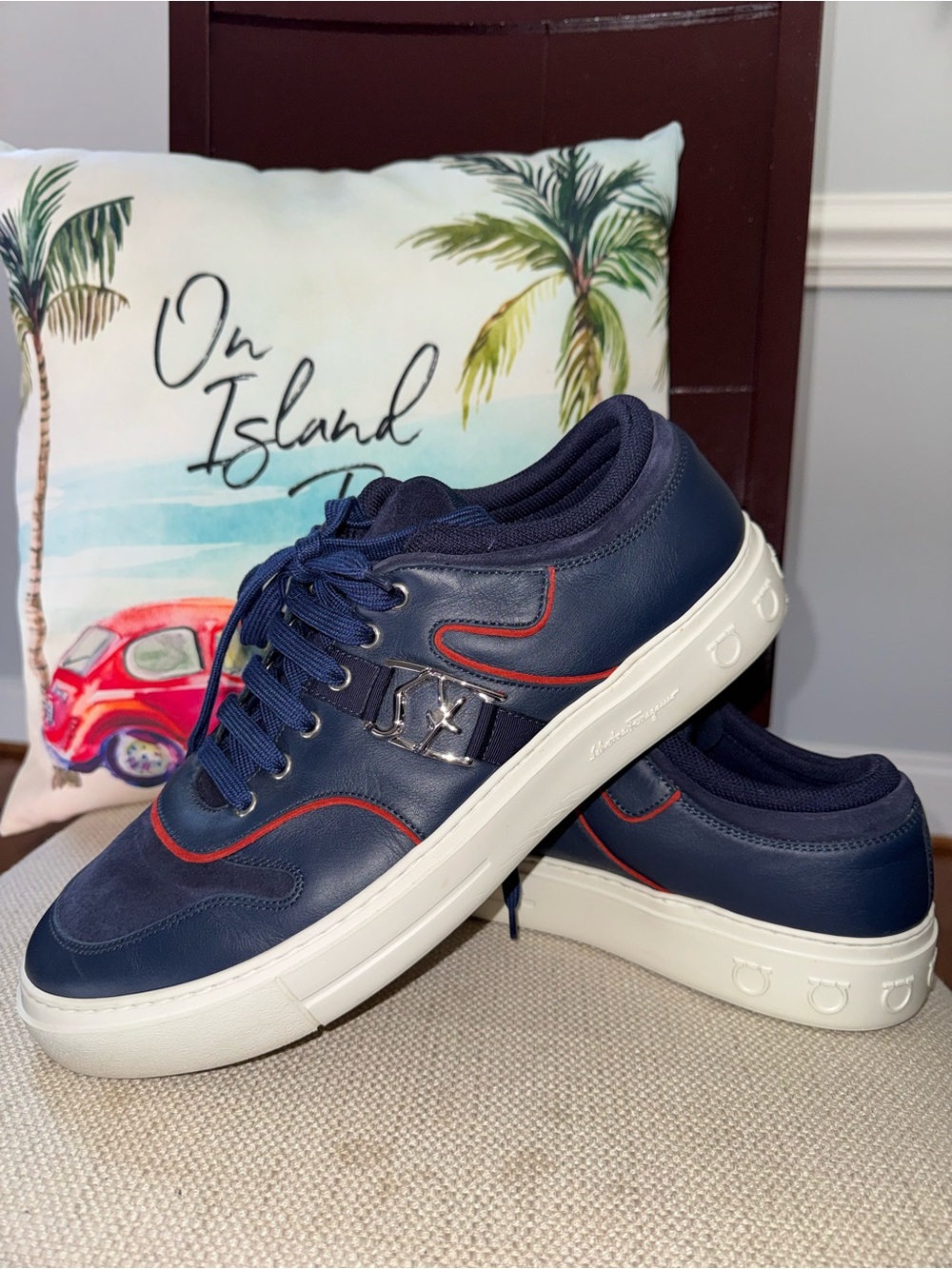FERRAGAMO NORIS BLUE LEATHER RED SUEDE SF LOGO GANCINI SNEAKERS Size 12